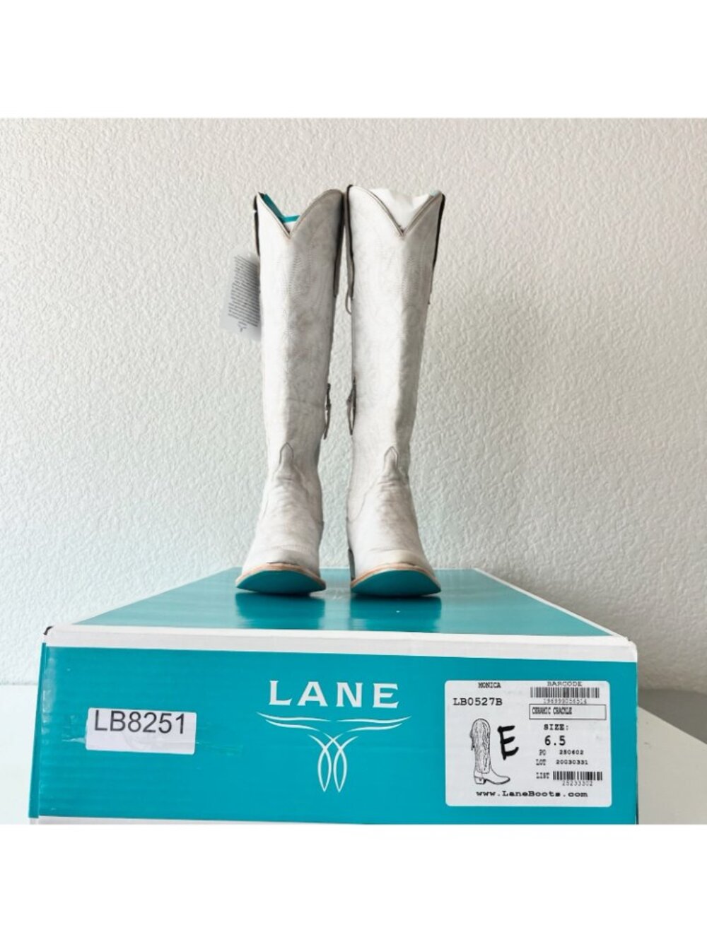 Lane MONICA Knee High White Cowboy Boots Womens 6.5 Western Cowgirl Lace Up Tall - Picture 10 of 11
